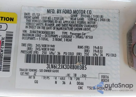 2013 Lincoln Mkz z USA, uszkodzony, nr VIN 3LN6L2JK3DR800385